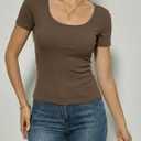 Womens Scoop Neck Ribbed Short Sleeve Tops Fitted T Shirt Slim Fit Casual Summer Basic Tee (Brown, XL)