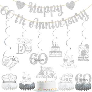 60th Diamond Wedding Anniversary Party Decorations Supplies Happy 60th Anniversary Banner Cake Topper Hanging Swirls Honeycomb Centerpiece Cheers to 60 Years Party