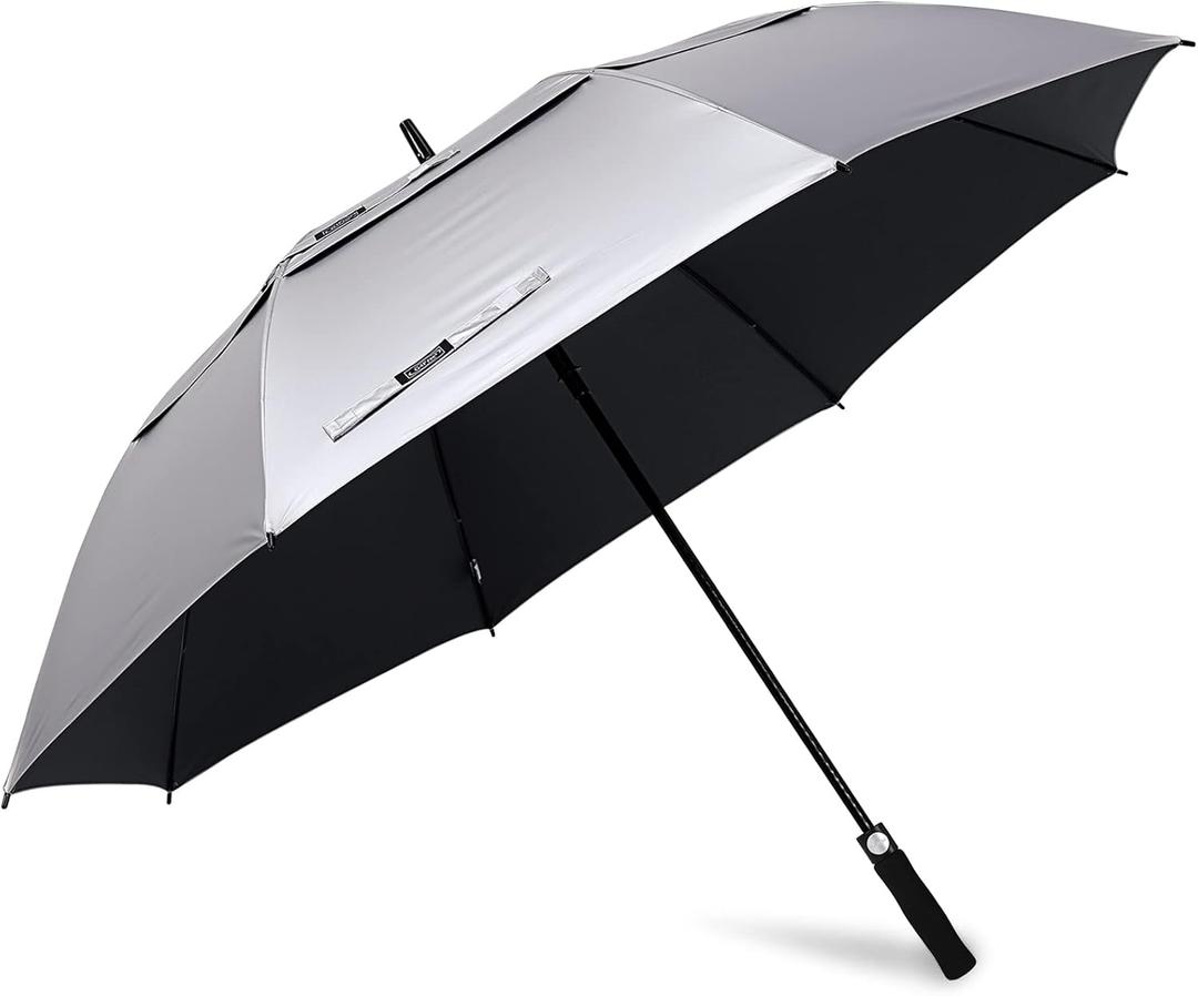 G4Free 54 Inch UV Protection Golf Umbrella Auto Open Vented Double Canopy Oversize Extra Large Windproof Sun Rain Umbrellas (Black Silver)