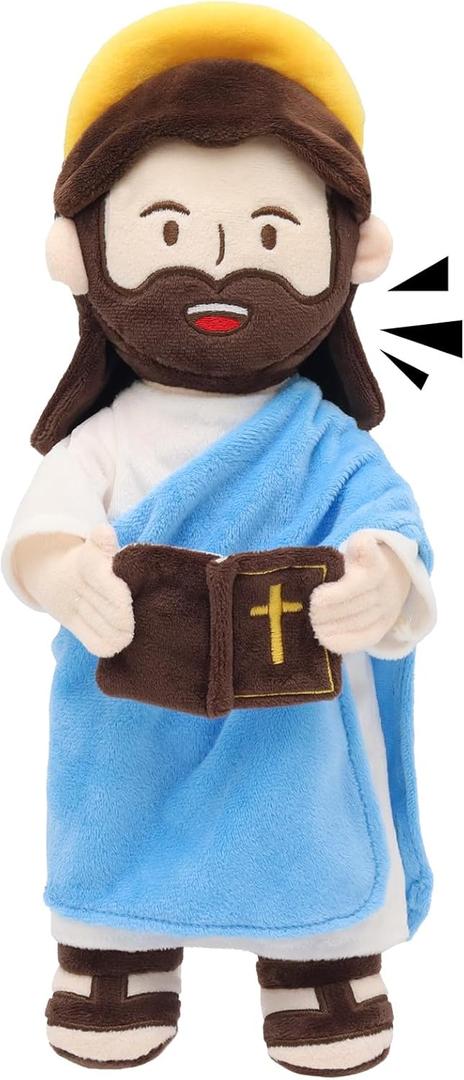 Jesus Plush Talking Doll with Halo, Speak 20 Bible Verses & 20 Songs,13.4" Interactive Hymn Stuffed Plushie Perfect Religious Gift for Kids Sunday School & Easter Celebrations (Blue)
