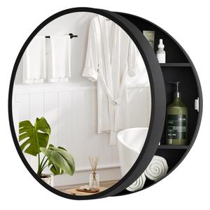 SUNWAVE 20 Inch Round Black Medicine Cabinet with Mirror, Modern Wall Mounted Vanity Cabinet for Bathroom, Circle Bathroom Mirror with Storage, Space-Saving Wood Cabinet (Black, 20 Inch)