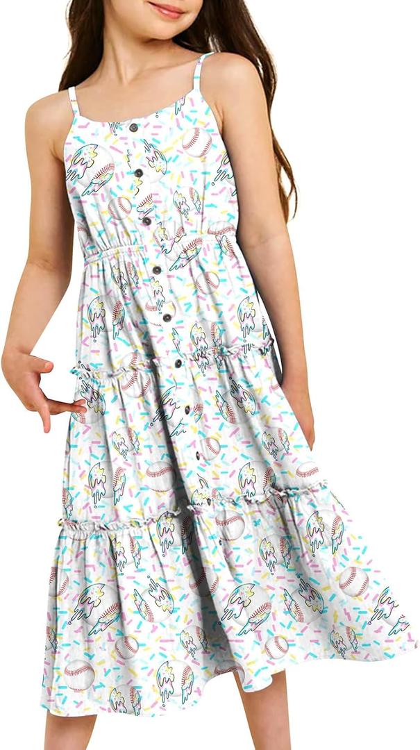 Enlifety 6-12Y Girls Flowy Dress Summer Casual Sundress Spaghetti Straps Printed Dresses (6-7 Years, Baseball Drip)