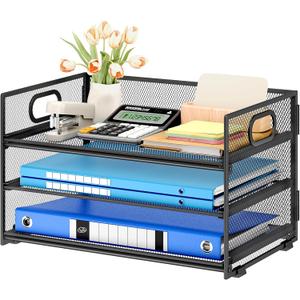 Subekyu 3 Tier Paper Letter Tray Organizer for Desk, Black Metal Mesh Desk File Folder Sorter Organizer with Handle and Sliding Tray for Home, Office, School Supplies Organization Storage (12.6" x 9.1" x 8.1")