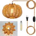 Plug in Pendant Light Rattan Hanging Lights with Plug in Cord 15FT Hemp Rope Cord, Dimmable Switch  Indoor Hanging Lamps for Boho Living Room BedroomBulb Included 11 x 7 inch (Cactus Shaped(Dimmable))