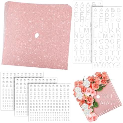 TaoBary 30 Pcs Glitter Graduation Cap Topper Self Adhesive Graduation Cap Decoration with 5 Pcs Letter Alphabet Sticker for Grad Hat Craft DIY(Rose Gold) Set of 2
