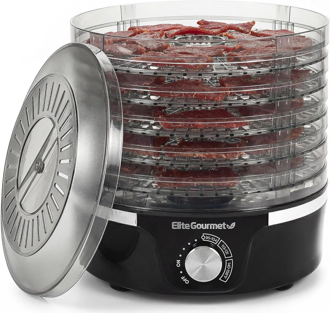 Elite Gourmet EFD319 Food Dehydrator, 5 BPA-Free 11.4" Trays Adjustable Temperature Controls, Jerky, Herbs, Fruit, Veggies, Dried Snacks, Black