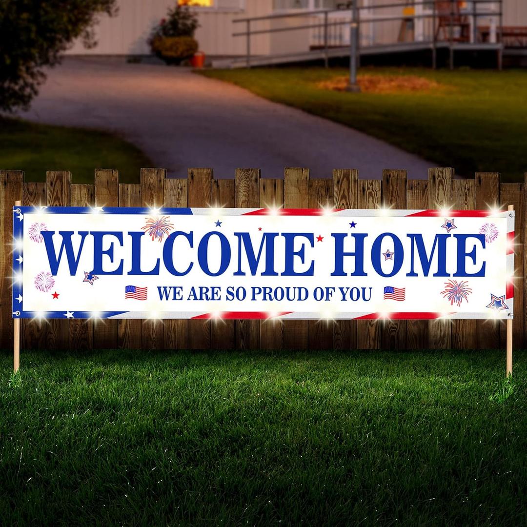 Breling 118 x 19. 7 Inch Large Welcome Banner Sign Decor with LED Patriotic Army Yard Sign Outdoor Family Military Army Homecoming Return Backdrop 2 Battery String Light 30 Plastic Clip, No Poles