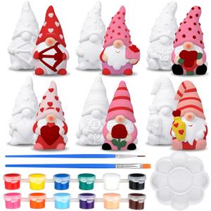 Poen 6 Sets Ready to Paint Your Own Valentine's Day Gnome DIY Unpainted Ceramics Gnome Figurines Kit Drawing Valentine's Day Figurines DIY Art and Craft with Brush Palette Paint Decor Gifts