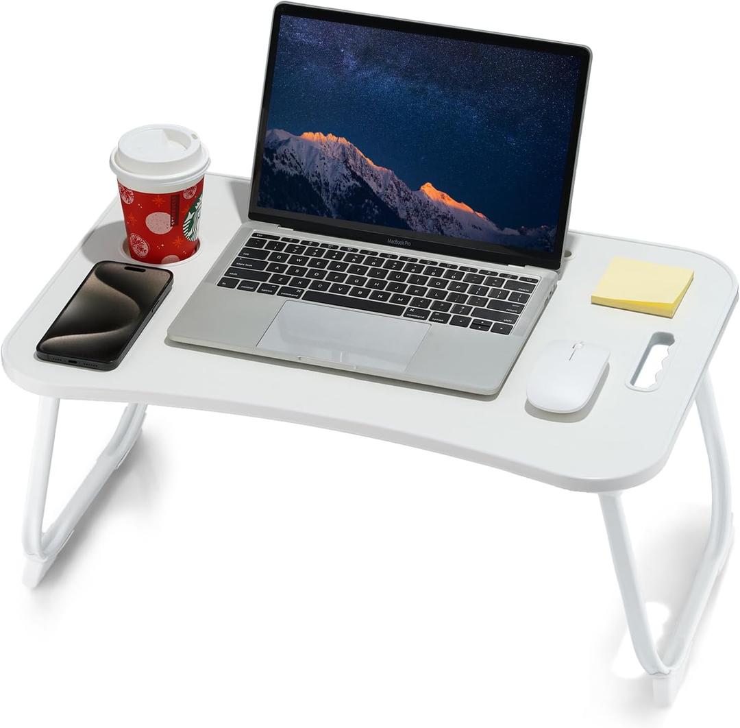 ZEAPTAC Laptop Bed Desk, Foldable Lap Desk, Portable Lap Table, Laptop Stand with Cup Holder & Tablet Slot & Lifting Handle for Working Writing Drawing & Eating - White