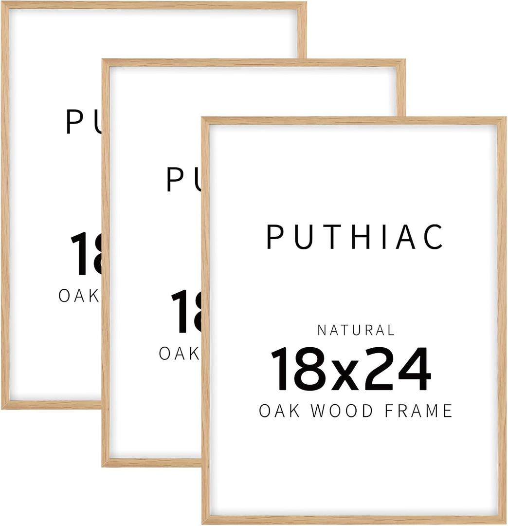 puthiac 18x24 Solid Oak Wood Picture Frame, 18 x 24 Poster Frames for Wall, Vertical or Horizontal, Plexi Front, 3 Pack, Natural Oak