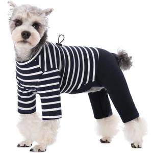 Winter Coat for Dogs - Warm Cotton Cold Weather Striped Round Neck Pajamas, Long Sleeves Jumpsuit, Color-Blocked Clothes for Medium Dogs, Onesie Anti Hair Shedding (Dark Blue)