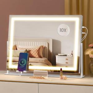 SONGMICS Vanity Makeup Mirror with Lights, Touch Control, Angle-Adjustable, Charging Ports, Detachable 10X Magnifying Mirror, 3 Color Temperatures, Dimmable, Phone Holder, Matte White ULWM002W01V1 SONGMICS Vanity Makeup Mirror with Lights, Touch Control, Angle-Adjustable, Charging Ports, Detachable 10X Magnifying Mirror, 3 Color Temperatures, Dimmable, Phone Holder, Matte White ULWM002W01V1