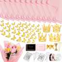 338Pcs Flower Bouquet Wrapping Paper Kit, Waterproof Floral Wrapping Paper Florist Bouquet Supplies with Crowns Butterfly Decor Pearl Pins and Ribbons for Birthday Wedding DIY CraftTranslucent Pink