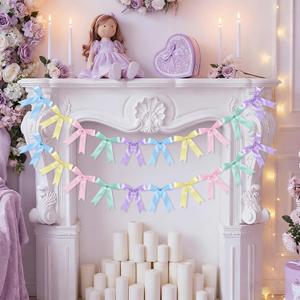 NatNarr 2 Pcs Pastel Bow Garland Banner, Pre-Strung Satin Ribbon Bow Banner Pastel Party Decorations for Home Classroom Decor Bridal Baby Shower Birthday