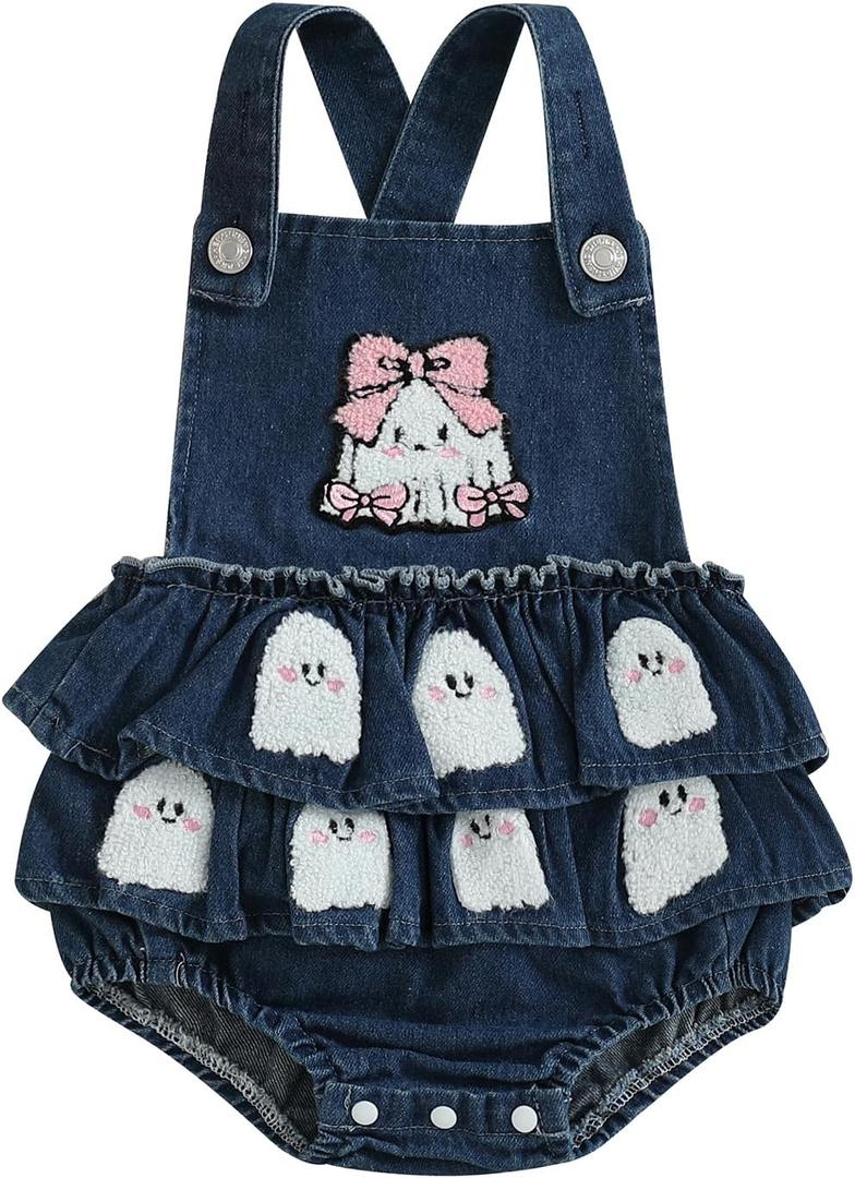 Newborn Baby Girl Halloween Outfit Pumpkin/Ghost Print Sleeveless Denim Romper Ruffled Overalls Cute Fall Clothes (6-12 Months)