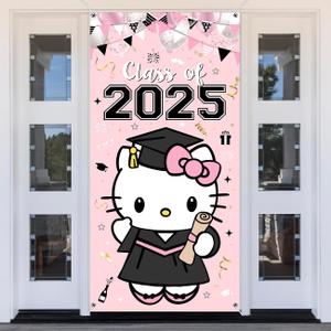 Hello Kity Graduation Decorations Pink Door Banner Cover 35.4x70.8 Inches Pink Graduation Party Decorations Class of 2025 Party Supplies Door Banner for Welcome Guest