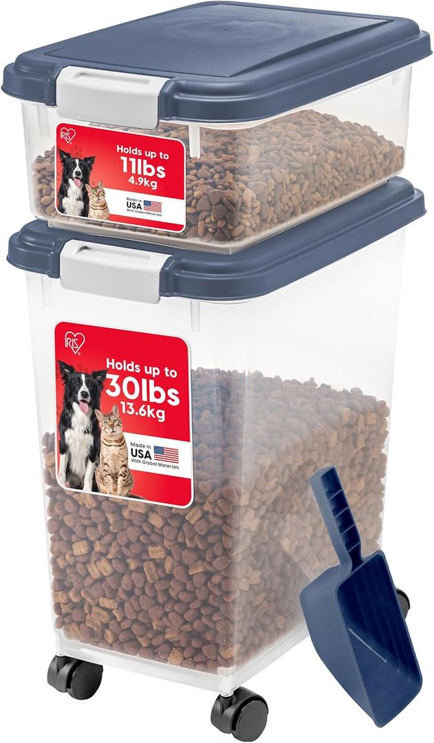 IRIS USA Dog Food Storage Container, 30 lbs & 11 lbs Combo, Cat Food Storage Container, Dog Treat Container, Airtight, Stackable, 2-Cup Scoop, Wheels, Easy Mobility, Navy, 3-Piece Set - 30 lbs + 11 lbs