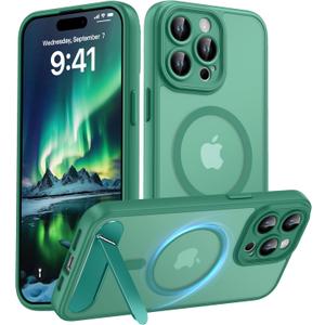 Magnetic Compatible with iPhone 15 Pro Max Case, [Built-in Kickstand][Full Camera Protection][Compatible with MagSafe][Anti-Fingerprint] Shockproof Phone Case for iPhone 15 Pro Max 6.7",Cyan