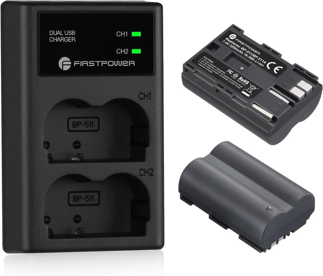 FirstPower BP-511 BP-511a Battery 2-Pack 2200mAh and Dual USB Charger for Canon EOS 5D 10D 20D 20Da 30D 40D 50D 300D D30 D60 and More Camera