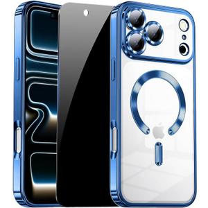 for iPhone 17 Pro Case with Privacy Screen Protectors [Non-Yellowing] Shockproof Slim Metallic Glossy Luxury Cover for Girl Women Men Cases Phone Case for iPhone 17Pro Cover-Blue