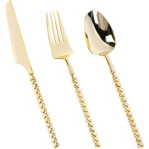 150PCS Gold Plastic Silverware, Heavy Duty utensils, Disposable Plastic Cutlery Silverware Include 50 Forks, 50 Knives, 50 Spoons for Party and Wedding, Gold Bead