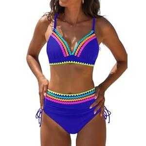 popvil High Waisted Bikini Sets for Women Tummy Control Swimsuits Two Piece Neon V Neck Drawstring Bathing Suits 2026 (Small, royal blue)