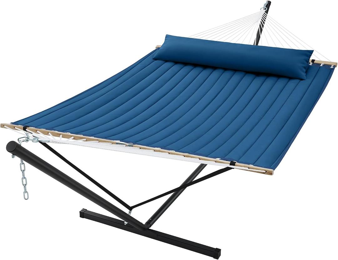 SUPERJARE Hammock with Stand, 2 Person Quilted Outdoor Hammock, Detachable Pillow & Bamboo Spreaders, Portable Hammock with Carrying Bag, Heavy Duty Stand, Perfect for Outside, Patio, Navy Blue