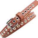 3 x Feluz Women Belt Thin Pants Strap Grommet Alloy Buckle PU Leather Width for Lady Dresses (Brown)