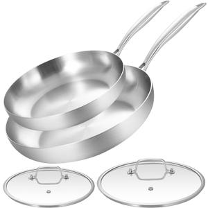 LOLYKITCH 10-12 Inch Tri-ply Stainless Steel Frying Pan Set with Lids,Skillets,Induction Cookware Set,Dishwasher and Oven Safe,Detachable Handle
