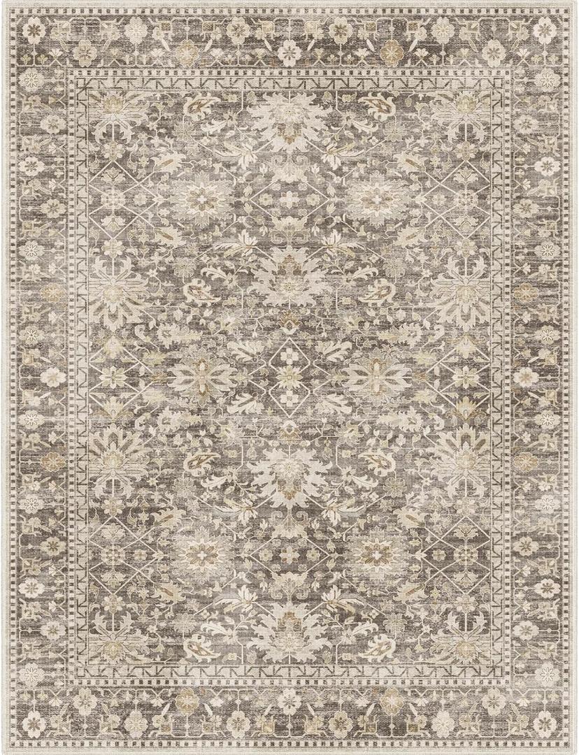9X12 Area Rugs Machine Washable Rugs for Living Room Bedroom Hallway, Non Slip Indoor Soft Accent Distressed Boho Vintage Print Lightweight Thin Low Pile Carpet (Coffee, 9x12)
