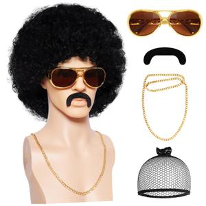 5Pcs 70S Afro Wig for Men Disco Costume Set Glasses Chain Mustache Short Curly Natural Black Hair Wig Cap Retro Rocker Wigs for 70S 80S Costume Halloween Cosplay (Fashionable)