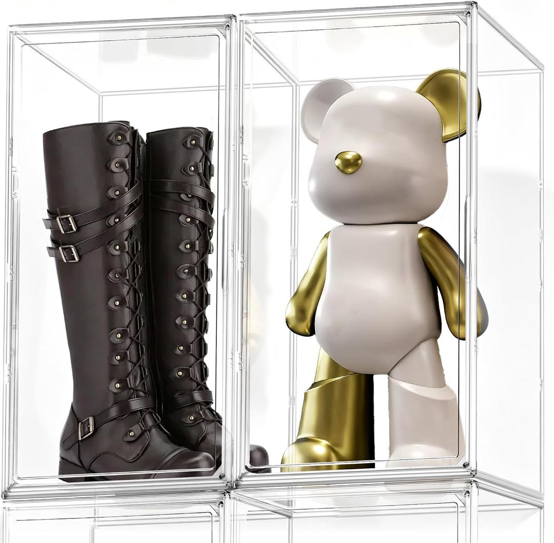 26 Inch Extra Tall Acrylic Display Case XXXXX-Large Tall Boots Shoe Box 13.8x 12.2x 23.6" Clear Collectible Display Cabinet with Magnetic Door,Stackable Long Boot, Multiple Pair of Shoes Storage Box