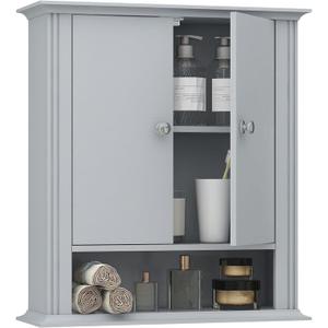 Wall Mounted Bathroom Cabinet Wooden Storage Cabinet with 2 Doors & Adjustable Shelf, Hanging Wall Cabinet Over Toilet, Upper Cabinet Storage Cupboard forBathroom, Kitchen,Laundry Room, Light Grey 18.3D x 57.9W x 64.8H cm