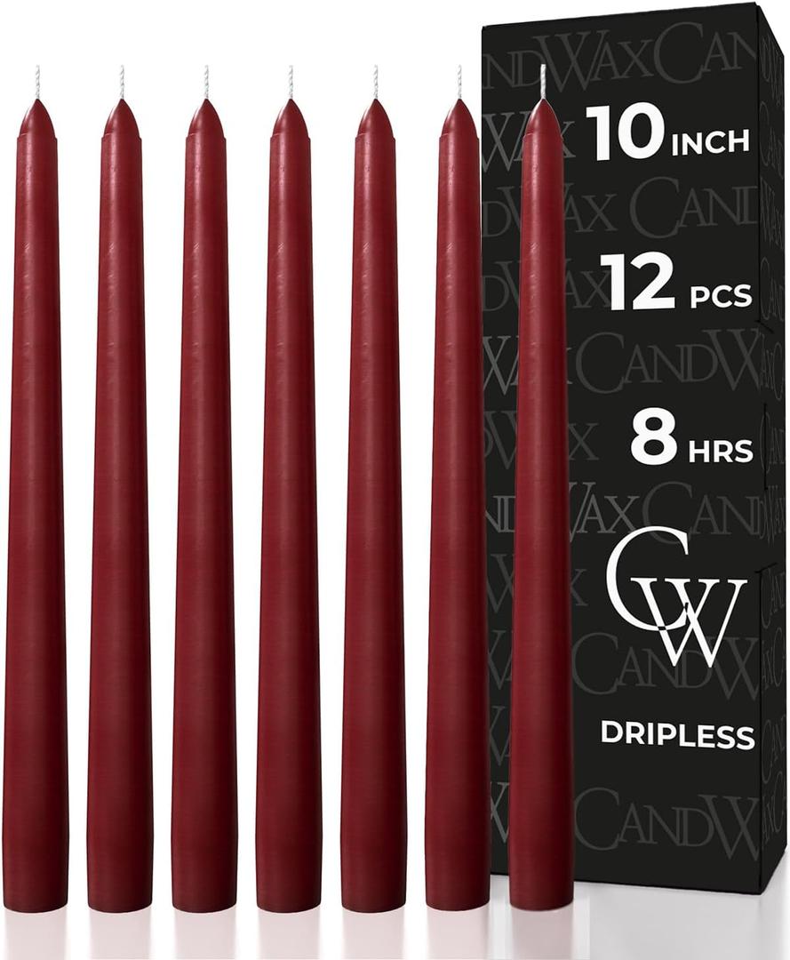CANDWAX 10 inch Burgundy Taper Candles Set of 12 - Unscented Dripless Burgundy Candlesticks - Christmas Taper Candles with Burning Time up to 8 Hours - Christmas Candle Sticks