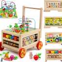 Wooden Activity Cube 7-in-1 Montessori Toy Multipurpose Educational Learning Toy for 1+ Year Old Baby Toddler Kid Boy First Birthday Gift Bead Maze Gear Number Animal Board Carrots Harvest Game