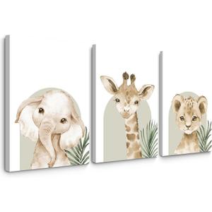 Animal Wall Art Pictures Baby Nursery Canvas Wall Art Decor Safari Animal Prints Jungle Kids Wall Art Woodland Nursery Wall Decor Giraffe Jungle Poster for Room 16x24 Inch Framed Set of 3, 16"x24" Wrapped Canvas