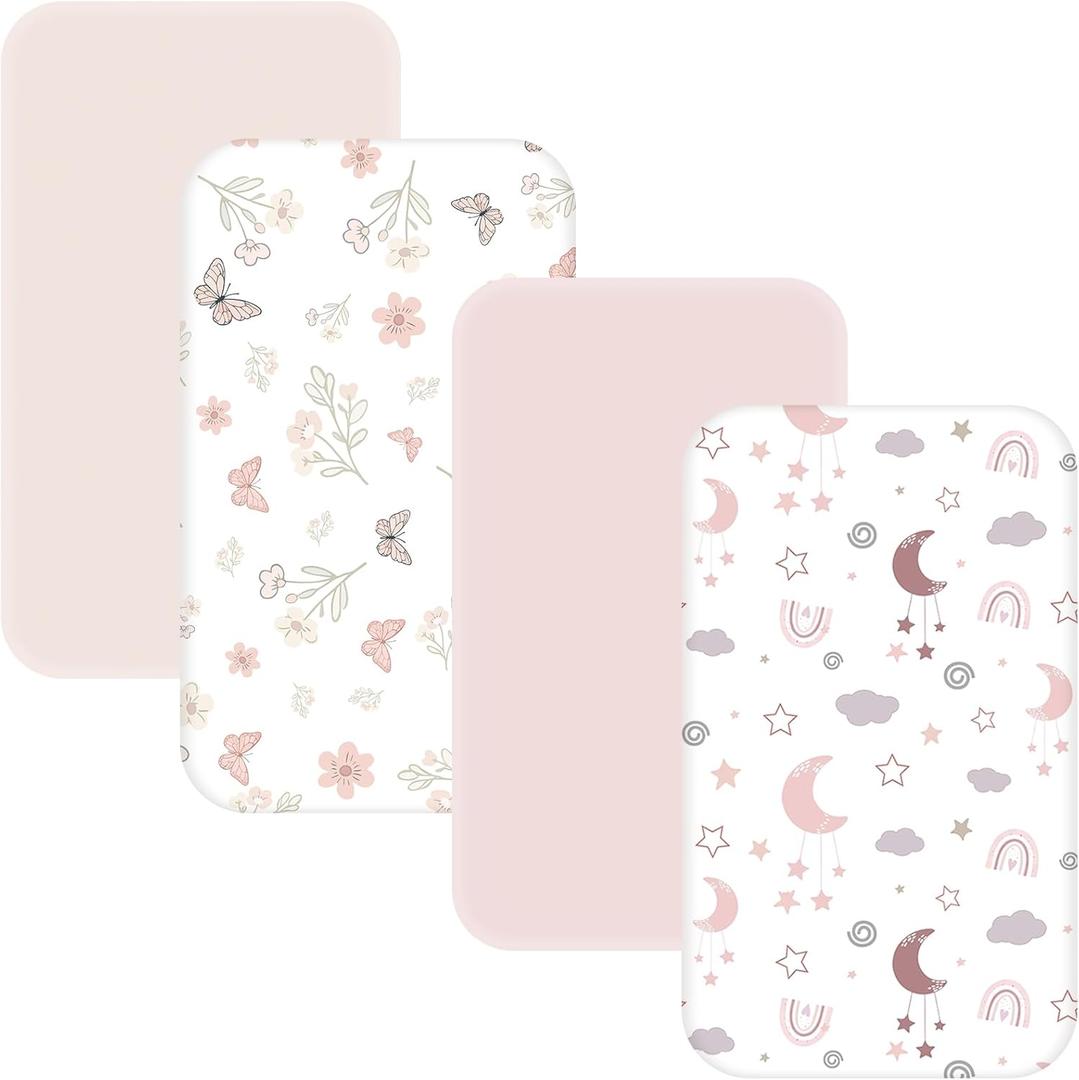4 Pack Bedside Bassinet Sheets - 33"x20" Bassinet Sheets for Baby Delight, Angelbliss, Maxi-COSI & Most Regular Size Bedside Sleeper | Ultra Soft & Skin Friendly Bassinet Fitted Sheet for Girls (Blush Pink)