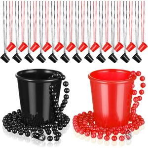 Dandat 23 Pcs Shot Glass on Beaded Necklace Graduation Accessories Disposable Mini Plastic Shot Cups for Graduation Party Accessories Bachelorette Birthday Wedding Festival Party Favor(Black, Red)