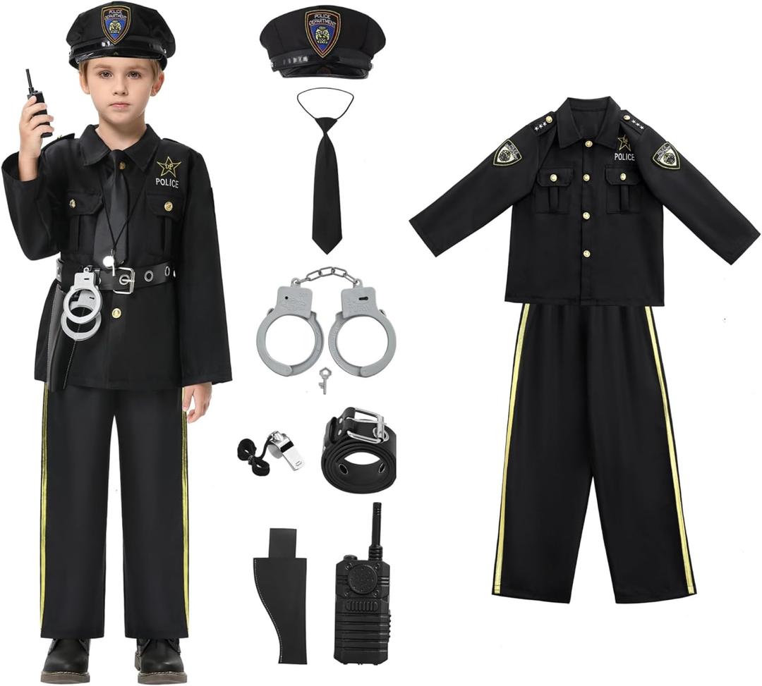 Lumiparty Police Costume for Kids, Police Officer for Boys with Costume-Shirt, Pants, Hat,Belt, Role Play Kit for Boys Girl (Small, Black)