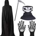 BILLMOSS Halloween Grim Reaper Costume - Hooded Cloak Velvet Black Cloak with Scythe Skull Mask Skeleton Gloves Grim Reaper Party Costumes for Kids