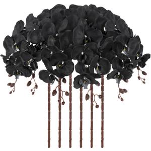6PCS 41in Artificial Orchid Flowers Faux Orchid Velvet Silk Orchids That Look Real Long Stem Artificial Flowers for Tall Vase for Halloween Home Party Décor (Black)