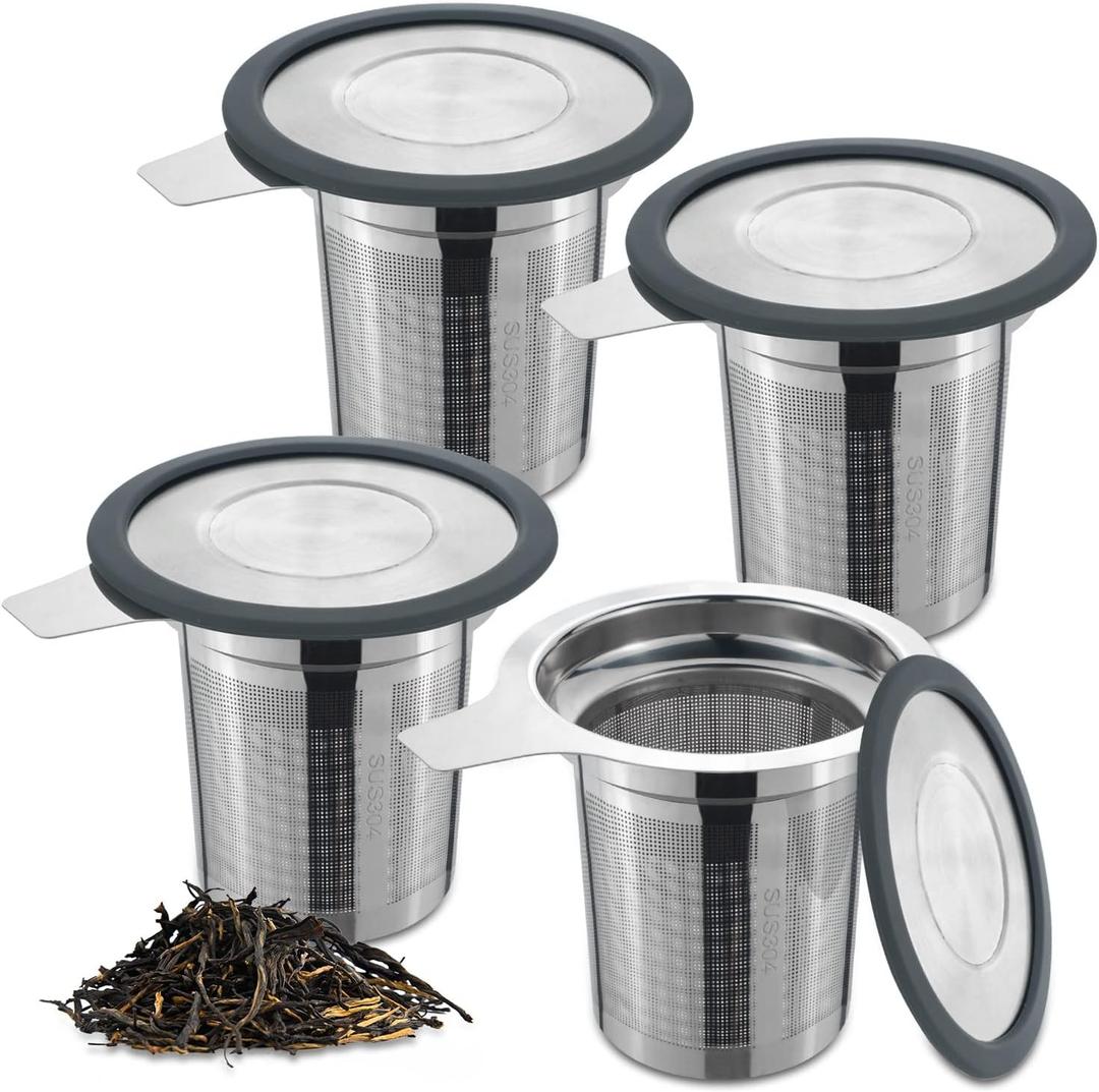 4Pcs Extra Fine Mesh Tea Infuser Tea Strainer with Lid, Large Capacity Tea Strainers Tea Infusers for Loose Tea, 18/8 Stainless Steel Loose Leaf Tea Steeper Tea Diffuser for Teapot, Mug, Cup