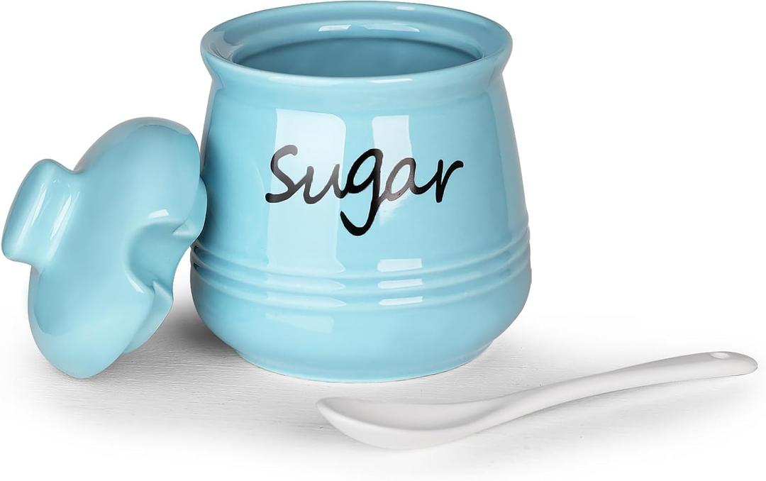 HAOTOP 12oz Sugar Bowl with Lid and Spoon,Ceramic Sugar Jar Sugar Dispenser Sugar Container Coffee Bar Accessories, Kitchen Countertop Canisters,Turquoise