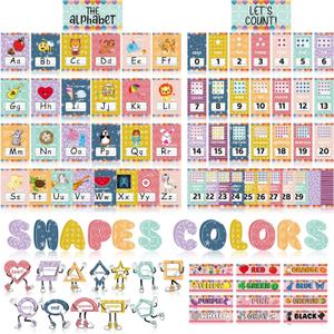 Junkin 96 Pieces Colors and Shapes Bulletin Board Number Alphabet Letters Posters for Classroom Wall Decor Toddler Educational Preschool Posters Kids Early Learning Cards(Happy Day)