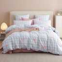 Duvet Cover Queen Size Blue Plaid Pink Bowknot Comforter Cover Soft & Lightweight Microfiber Quilt Cover with Zipper Closure and 2 Pillowcases