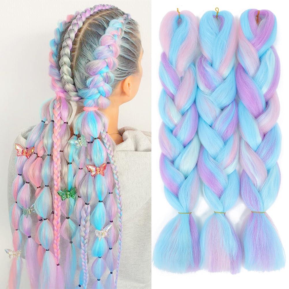Rainbow Braiding Hair Extension 24 Inch 3 Packs Synthetic Profession Jumbo Braid in Hair Extensions 4 Tone Crochet Colored Hair Extensions for Braiding(Pink/Light Blue/Purple/Light Cyan)