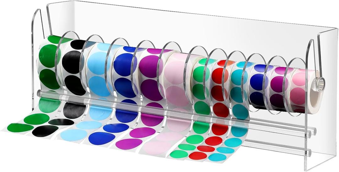Qilery Adjustable Label Dispenser Acrylic Roll Sticker Dispenser Sticker Holder Organizer Label Stand for Holding Office and Home(12 Disks)