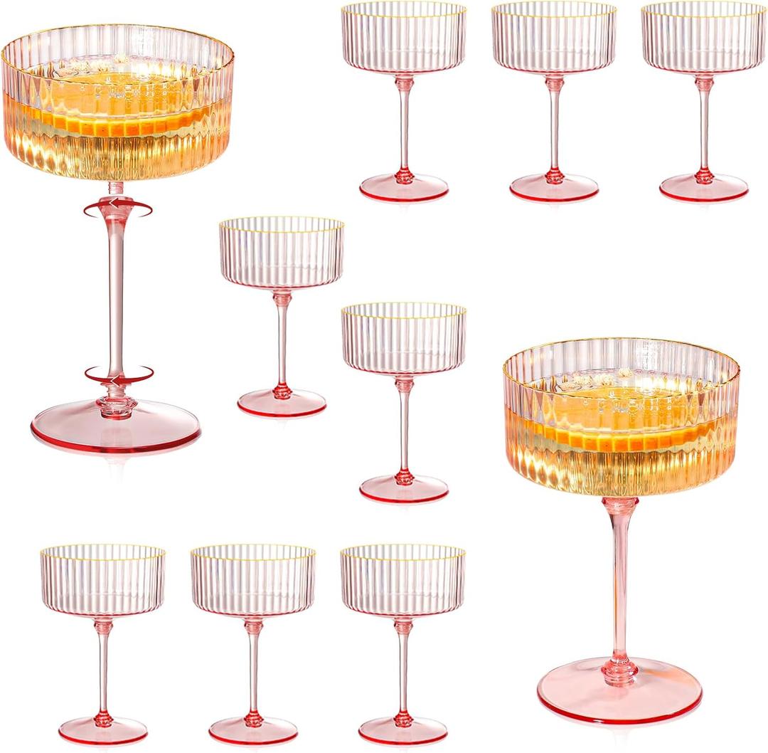 12 Pcs Detachable Martini Glasses 10oz Plasitc Pink Ribbed Coupe Glasses Gold Rim With Pink Stem Vintage Cocktail Glassware Set Unique Martini Glass For Champagne Wine Wedding Anniversary Bar