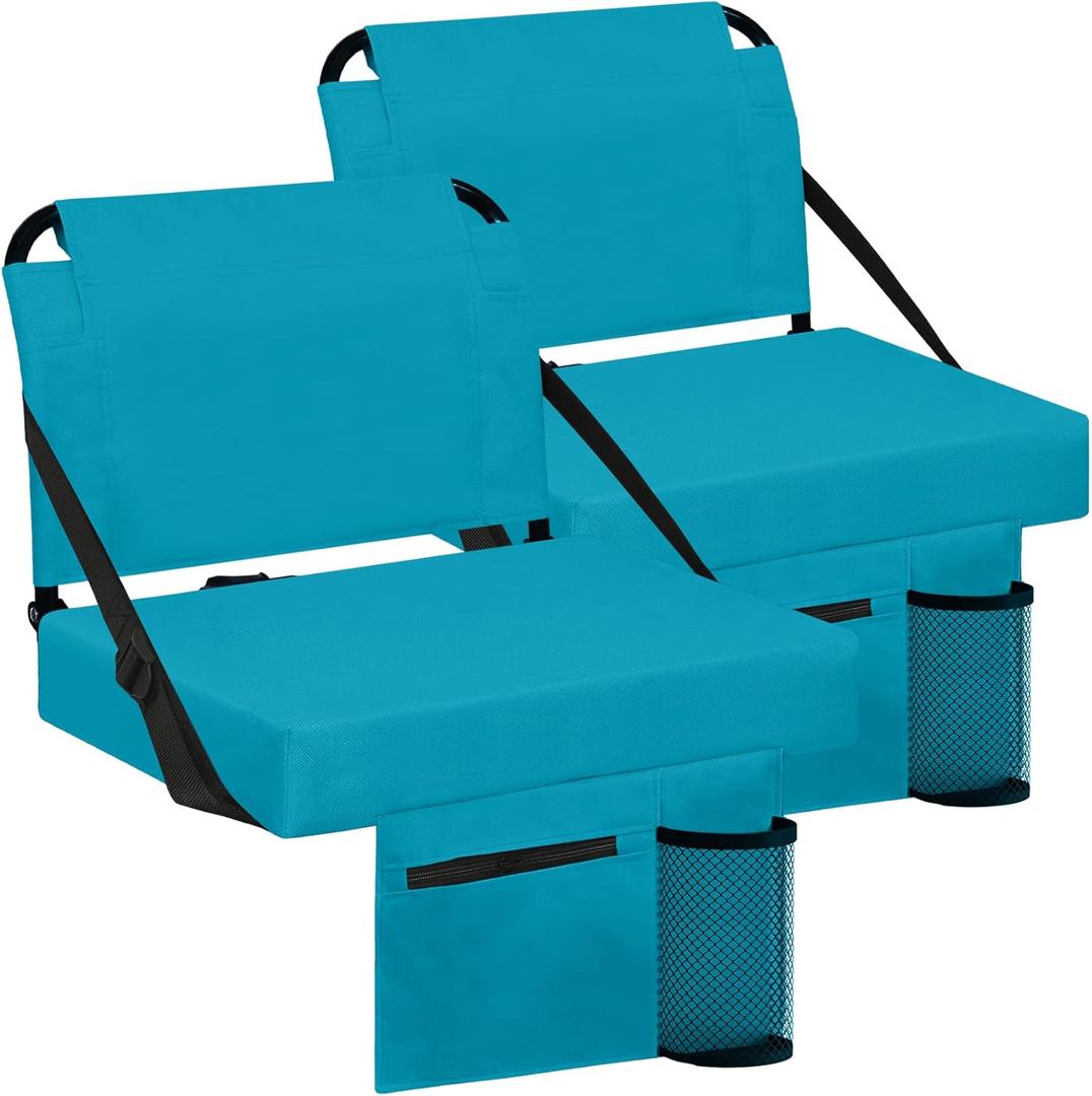 Stadium Seat for Bleachers with Back Support and Wide Padded Cushion Stadium Chair - Includes Shoulder Strap and Cup Holder (Cyan,2 Pack)