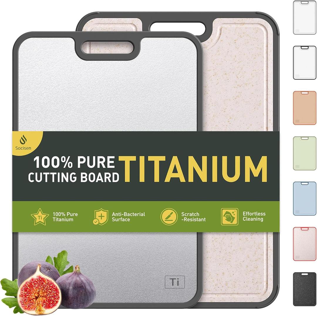 2 in 1 Pure Titanium Cutting Boards for Kitchen Chopping Board with Handle Large Big Small Kitchen Meat Butcher Block Not Stainless Steel Wood Bamboo Glass Rubber Plastic Silicone Acrylic Teak Sink (Grey/Beige)
